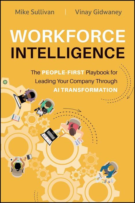 "WORKFORCE INTELLIGENCE" oben, Illustration von Menschen an Tischen auf einem Zahnrad-Hintergrund.
