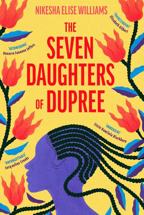 "The Seven Daughters of Dupree" von Nikesha Elise Williams. Silhouette einer Frau mit Blumen und Zöpfen auf gelbem Hintergrund.