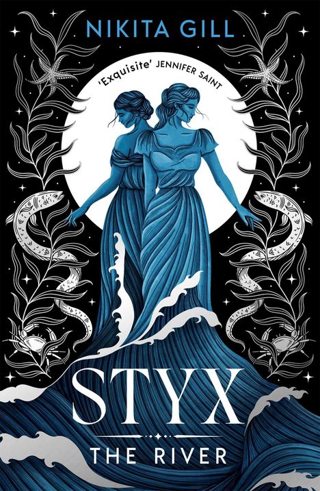 "STYX THE RIVER" weiß. Blauer Kreis: "FINAL COVER TO BE REVEALED". Darunter "NIKITA GILL" blau. Unten Logo: solstice.