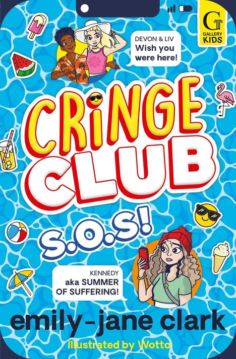 "Cringe Club S.O.S." mit Pool-Muster, Figuren und Sommermotiven wie Eis und Flamingo-Illustrationen.