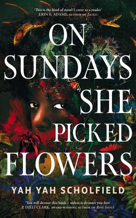 "On Sundays She Picked Flowers" von Yah Yah Scholfield; Gesicht inmitten bunter Blumen und Natur.