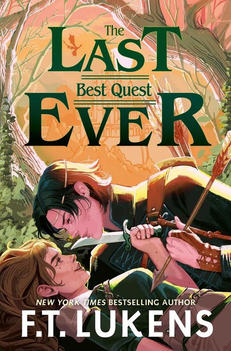 "The Last Best Quest Ever" in großen Buchstaben, darunter "F.T. LUKENS". Zwei Personen mit Schwertern in einem Wald.