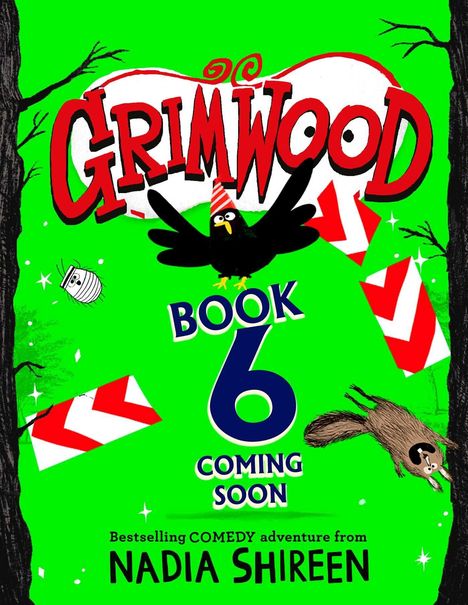 "Grimwood Book 6 Coming Soon" in großen Lettern. Ein Rabe mit Partyhut, ein lachender Waschbär, leuchtendes Grün.