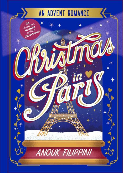 „Christmas in Paris“ in geschwungener Schrift, davor ein illustriierter Eiffelturm, Schnee und weihnachtliche Symbole.