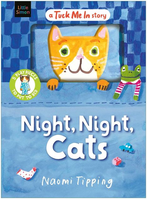 „Night, Night, Cats“ von Naomi Tipping. Illustration einer Katze in Bettdecke, Fröschenpuppe und Spielzeugauto.