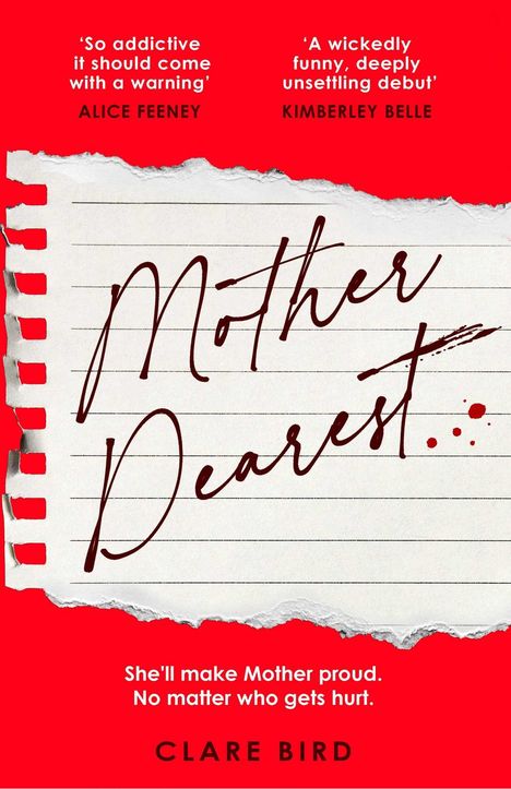 "Mother Dearest" in Handschrift auf Notizpapier vor rotem Hintergrund. Zitate von Alice Feeney und Kimberley Belle.
