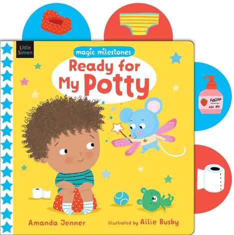 "Ready for My Potty" von Amanda Jenner. Illustration: Kind mit Locken, Maus mit Flügeln, Spielzeug. Farbenfroh und verspielt.