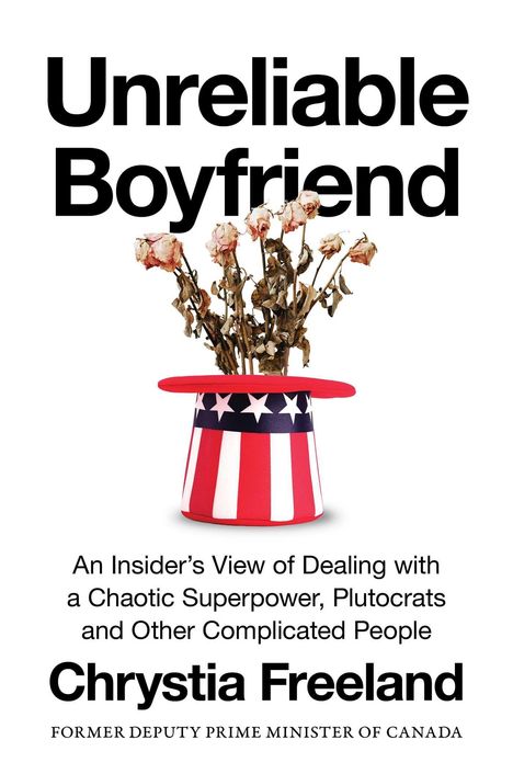 "Unreliable Boyfriend" steht in großen Buchstaben. Vertrocknete Rosen in einem US-Flaggen-Zylinderhut darunter. Chrystia Freeland.