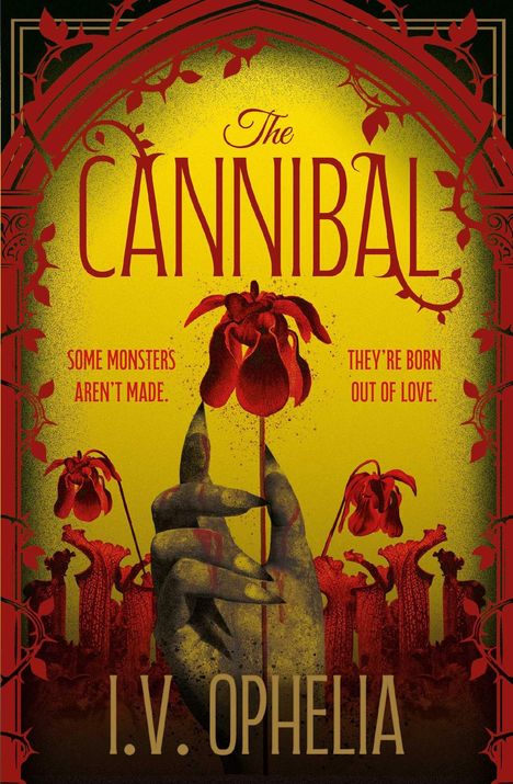 Text: "The Cannibal" und "I.V. Ophelia". Illustration: Eine Hand hält eine Venusfliegenfalle vor gelbem Hintergrund.
