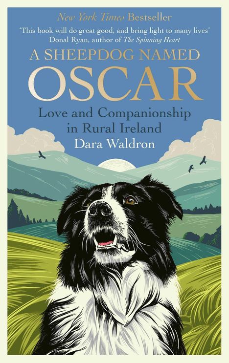 Titel: "A Sheepdog Named Oscar". Darunter ein Border Collie vor grüner Hügellandschaft, Vögel fliegen im Himmel.