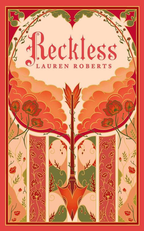 "Reckless" und "Lauren Roberts". Illustration mit floralen Mustern, stilisierten Wolken und einem Pfeil in der Mitte.