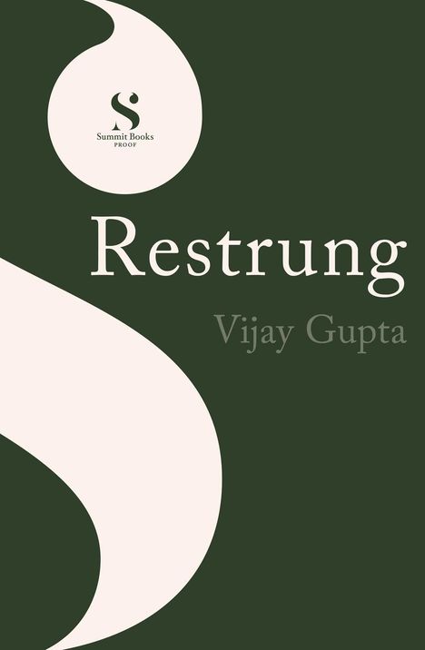 Der Text enthält "Restrung" und "Vijay Gupta". Links oben befindet sich ein kreisförmiges Logo mit der Aufschrift "Summit Books PROOF". 