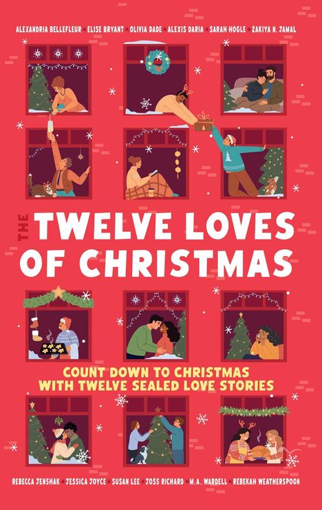 „The Twelve Loves of Christmas. Count down to Christmas with twelve sealed love stories.” Illustrationen von Weihnachtsszenen.