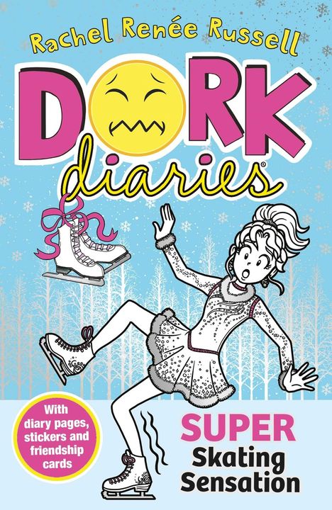 "DORK Diaries", "SUPER Skating Sensation". Ein Mädchen im Eiskostüm fällt auf Schlittschuhen, lachende Sonne im O.