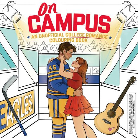 "On Campus: An Unofficial College Romance Colouring Book." Illustration: Ein Eishockeyspieler und eine Frau umarmen sich.