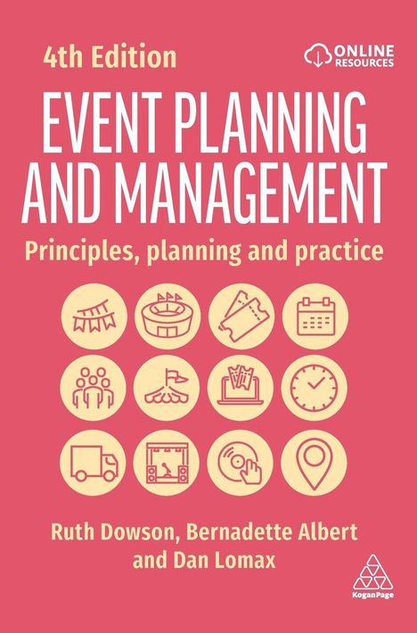 „4th Edition EVENT PLANNING AND MANAGEMENT“, darunter Icons: Wimpel, Stadion, Notizblock, Kalender, Personen.