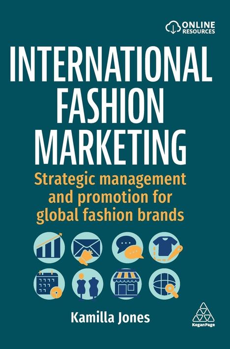 „International Fashion Marketing” in Weiß und Orange auf Blau. Oben rechts ein "Online Resources" Logo. Unten Symbole und "Kamilla Jones".