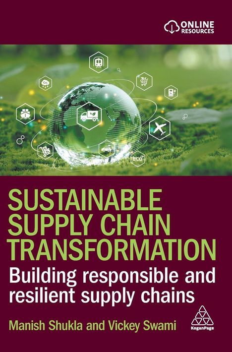 „Sustainable Supply Chain Transformation“ ist der Titel des Buches. Bild mit grünen Icon-Symbolen und einem Globus.