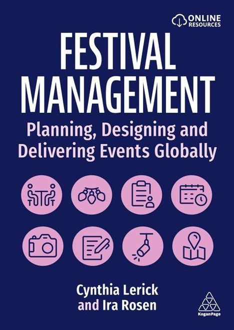 "Festival Management: Planning, Designing and Delivering Events Globally." Mit Symbolen für Eventplanung auf lila Hintergrund.