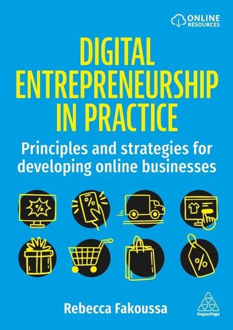"Digital Entrepreneurship in Practice" und darunter Prinzipien und Strategien für Online-Geschäfte. Neun gelbe Icons.