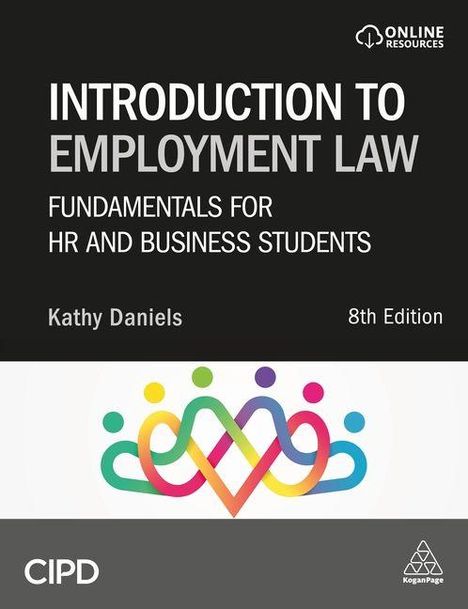 „Introduction to Employment Law“, 8. Edition von Kathy Daniels; farbenfrohes Menschenteam-Logo unten.
