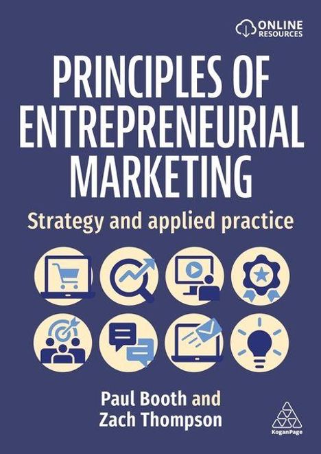 "Principles of Entrepreneurial Marketing" steht groß im Zentrum, darunter Symbole zu Geschäftsstrategien, Diagrammen und Ideen.