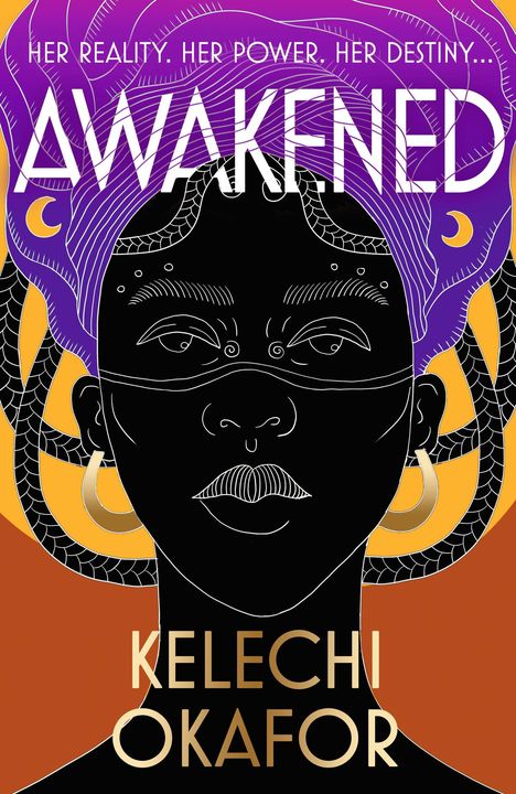 "AWAKENED", "Her reality. Her power. Her destiny...", "Kelechi Okafor". Illustration einer stilisierten Frau mit lila Haaren und Goldohrringen.