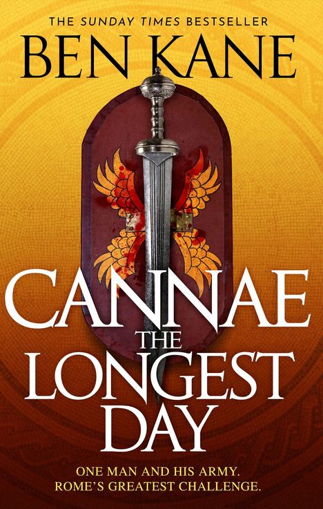 "Cannae, The Longest Day. Ein Mann und seine Armee. Eine rote Schild-Illustration mit einem Schwert und Flügelmotiv."