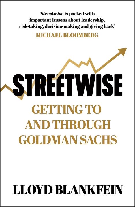 Zitat von Michael Bloomberg über Leadership, Buchcover mit Titel "Streetwise" und Autor Lloyd Blankfein, goldene Linie.