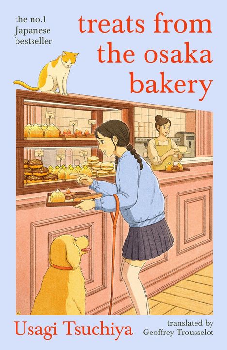 "treats from the osaka bakery" steht in großen Buchstaben. Eine Frau in blauer Jacke kauft in einer Bäckerei ein.