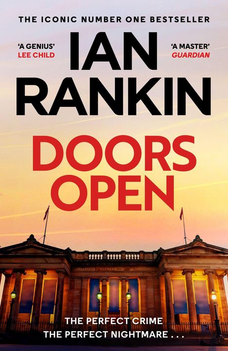 IAN RANKIN, DOORS OPEN. Zitate und Untertitel betonen Spannung. Gebäude im Abendlicht.