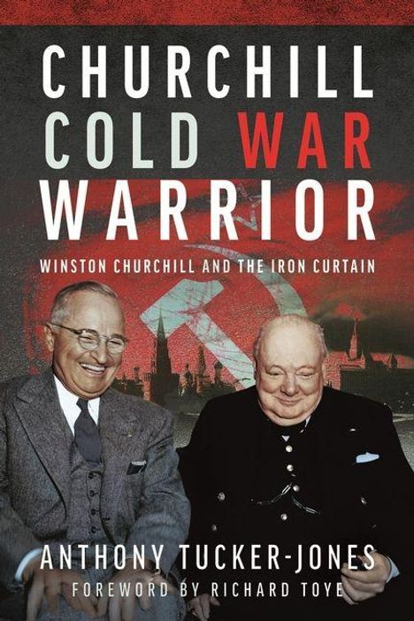 "CHURCHILL COLD WAR WARRIOR" oben, Bild von zwei Männern unten. Einer lächelt, der andere trägt eine Brille.