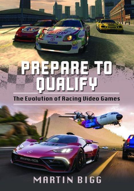 „PREPARE TO QUALIFY: The Evolution of Racing Video Games“ von Martin Bigg. Oben Rennautos, unten Sportwagen und Flugzeug.