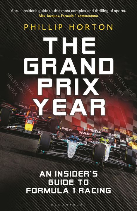 Bucheinband: "THE GRAND PRIX YEAR" von Phillip Horton. Formel 1 Autos in Aktion, dynamische Rennszene.