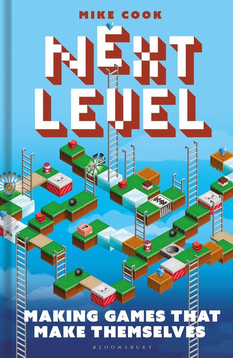 „MIKE COOK NEXT LEVEL MAKING GAMES THAT MAKE THEMSELVES“ in Blockschrift, darüber eine Isometrie-Spielwelt.