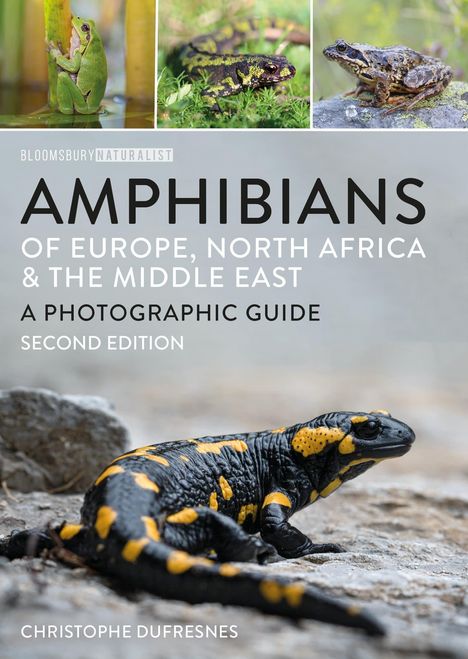 "AMPhIBIANS OF EUROPE, NORTH AFRICA & THE MIDDLE EAST" Titel auf einem Buchcover mit Fotos von Amphibien.