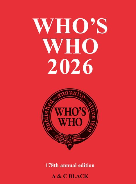 "WHO’S WHO 2026", "178th annual edition", "A & C BLACK". Roter Hintergrund, schwarzes und weißes Logo mit Text.