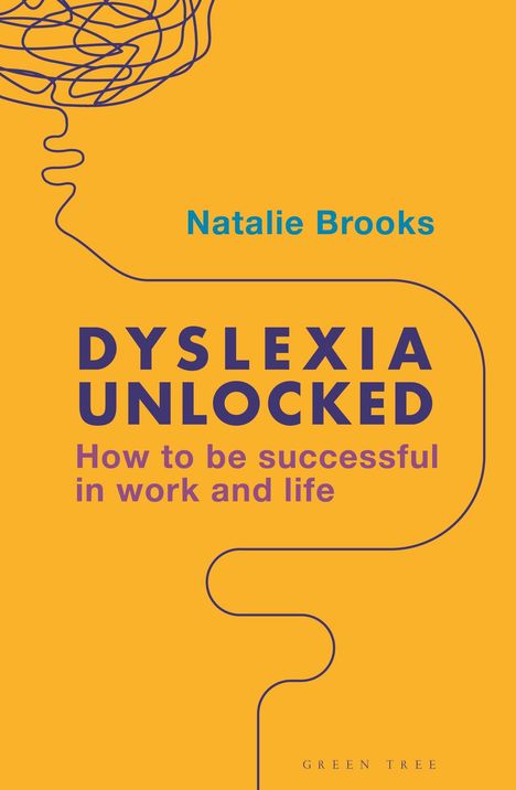 "Natalie Brooks" und "Dyslexia Unlocked: How to be successful in work and life" auf orangem Hintergrund mit abstrakten Linien.
