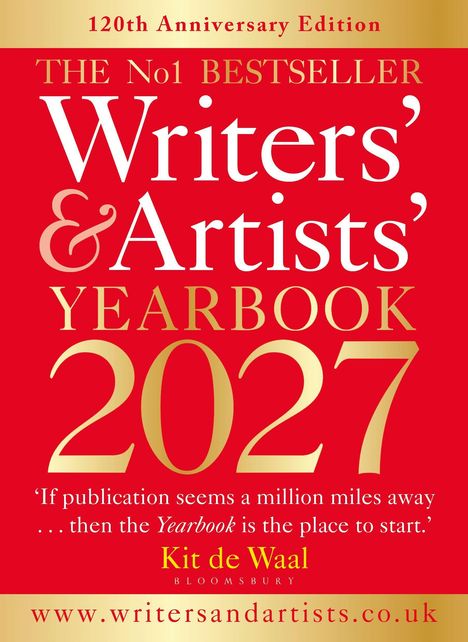 "120th Anniversary Edition", "The No1 Bestseller", "Writers' & Artists' Yearbook 2027", Zitat von Kit de Waal, rote Hintergrundfarbe.