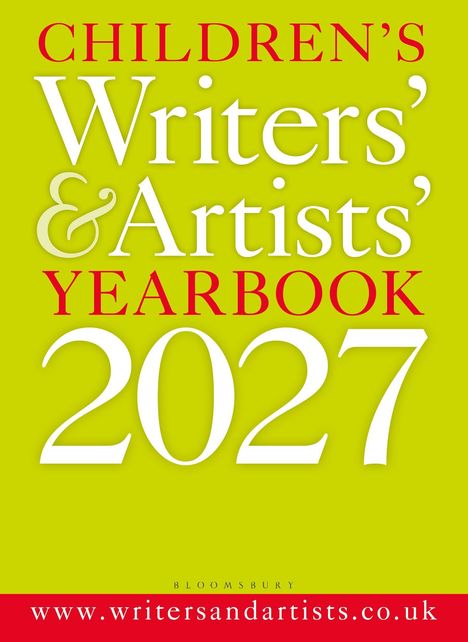 Text: "CHILDREN'S Writers' & Artists' YEARBOOK 2027" und "www.writersandartists.co.uk". Helles Design, lebendige Farben.