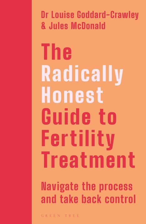 Titel: "The Radically Honest Guide to Fertility Treatment". Autoren: Dr. Louise Goddard-Crawley & Jules McDonald. Farbverlauf: rot, orange.