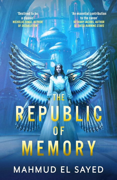 „The Republic of Memory“ von Mahmud El Sayed. Junge Frau mit Flügeln vor futuristischer Stadt.