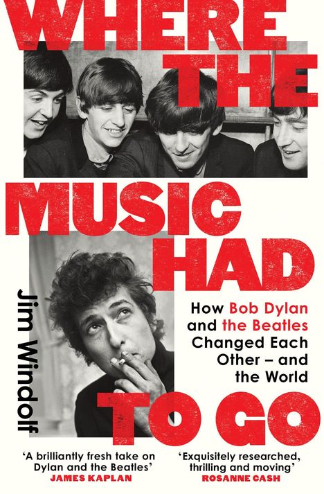 "WHERE THE MUSIC HAD TO GO" in roter Schrift. Foto von vier jungen Männern oben und einem Mann mit Zigarette unten. Text: Jim Windolf.