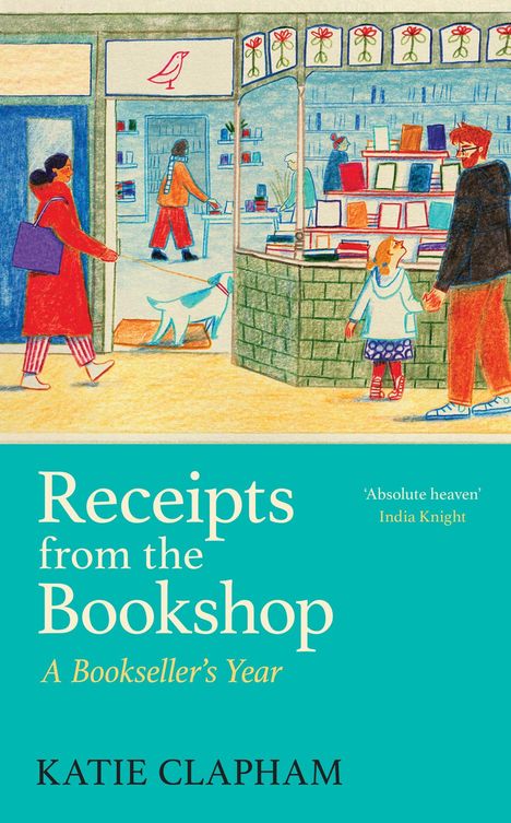 "Receipts from the Bookshop: A Bookseller’s Year." Illustration eines Buchladens mit Menschen und Büchern, lebendig gezeichnet.