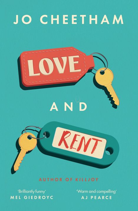 Buchtitel „Love and Rent“ von Jo Cheetham, zeigt zwei Schlüsselanhänger in Rot und Blau mit Schlüsseln.