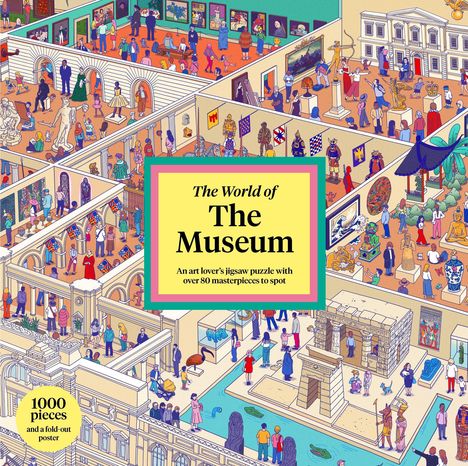 "The World of The Museum" steht in der Mitte. Es zeigt eine bunte Illustration eines lebhaften Museums mit vielen Besuchern.