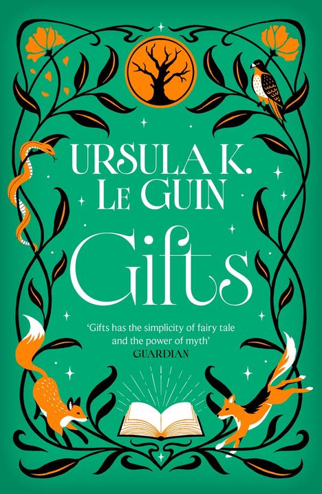 Buchtitel: "Gifts" von Ursula K. Le Guin. Illustration: Tiere, Pflanzen, ein nackter Baum in einem orangefarbenen Kreis.