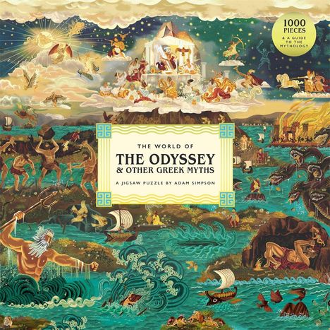 Text: "The World of The Odyssey & Other Greek Myths." Illustration von mythologischen Szenen mit Göttern und Meereswesen.