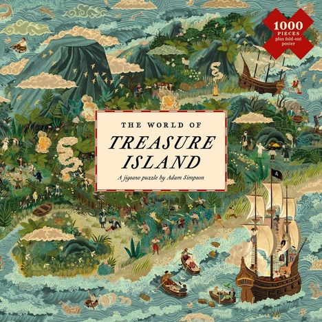Text: "The World of Treasure Island. A jigsaw puzzle by Adam Simpson. 1000 pieces plus fold-out poster."  
Illustration: Szene mit Insel, Schiffen und Wellen.