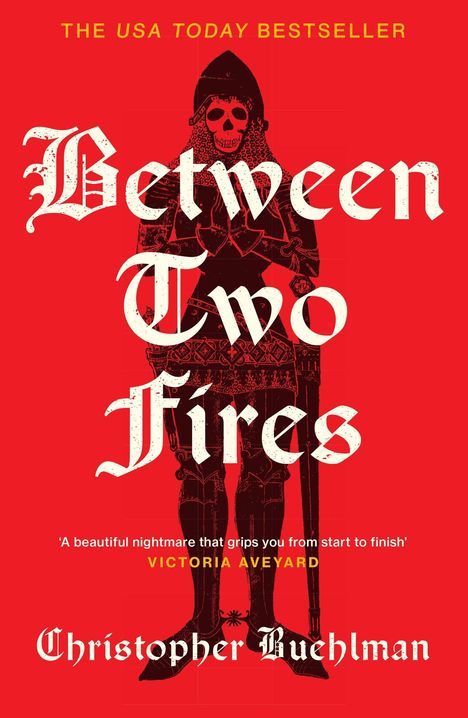 "Between Two Fires" in gotischer Schrift, Illustration eines Skeletts in Ritterrüstung auf rotem Hintergrund.
